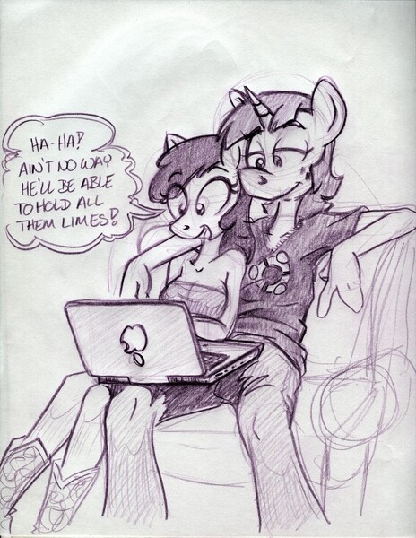 Size: 850x1100 | Tagged: safe, artist:trollie trollenberg, derpibooru import, apple bloom, snails, anthro, earth pony, unicorn, adult, computer, female, laptop computer, linux, male, monochrome, older, shipping, snailbloom, straight, traditional art, ubuntu