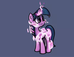 Size: 3300x2550 | Tagged: safe, artist:jump-cut, derpibooru import, twilight sparkle, pony, unicorn, armor, blue background, crossover, female, glowing horn, high res, magic, mare, mass effect, photoshop, simple background, solo, tech armor, unicorn twilight