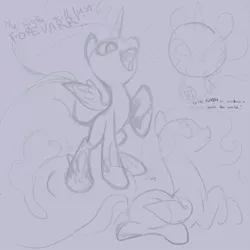 Size: 900x900 | Tagged: artist:snowseed, artist:tomatocoup, cookie, cute, derpibooru import, fangs, filly, food, monochrome, nightmare moon, open mouth, prone, raised hoof, safe, sketch, sketch dump, smiling, smirk, solo, spread wings, younger