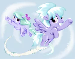 Size: 1895x1500 | Tagged: safe, artist:elenaboosy, derpibooru import, cloudchaser, flitter, pony, duo, duo female, female, flying, looking at each other, mare, spread wings, trail, underhoof, wings