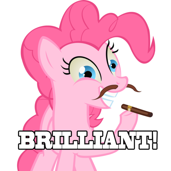 Size: 950x950 | Tagged: artist needed, source needed, safe, derpibooru import, pinkie pie, earth pony, pony, brilliant, cigar, female, image macro, mare, meme, moustache, open mouth, reaction image, simple background, smiling, solo, transparent background