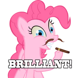 Size: 950x950 | Tagged: artist needed, source needed, safe, derpibooru import, pinkie pie, earth pony, pony, brilliant, cigar, female, image macro, mare, meme, moustache, open mouth, reaction image, simple background, smiling, solo, transparent background
