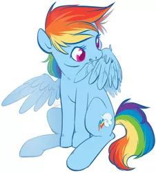 Size: 638x705 | Tagged: dead source, safe, artist:clovercoin, derpibooru import, rainbow dash, pegasus, pony, biting, cute, dashabetes, female, mare, preening, simple background, sitting, solo, white background, wing bite