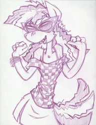 Size: 850x1100 | Tagged: safe, artist:trollie trollenberg, derpibooru import, cheerilee, anthro, earth pony, 80s, 80s cheerilee, braces, clothes, monochrome, skirt, solo, sunglasses, traditional art