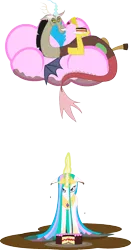 Size: 708x1353 | Tagged: safe, artist:senwyn1, derpibooru import, discord, princess celestia, alicorn, draconequus, pony, cake, celestia is not amused, chocolate rain, cloud, cotton candy cloud, discord being discord, food, magic, prank, simple background, this will end in tears and/or a journey to the moon, transparent background, unamused, wet mane