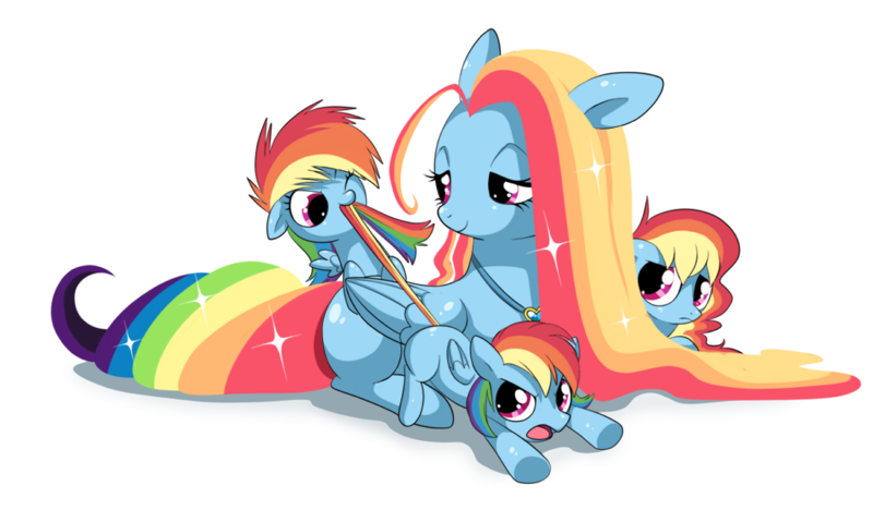Size: 1100x644 | Tagged: safe, artist:equestriaboy, derpibooru import, rainbow dash, pegasus, pony, blank flank, cute, dashabetes, family, female, filly, floppy ears, foal, frown, glare, mare, missing cutie mark, mother, motherly, necklace, open mouth, prone, rainbow mom, simple background, smiling, smirk, sparkles, tail bite, tail pull, transparent background, triplets, wink, younger