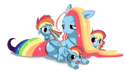 Size: 1100x644 | Tagged: safe, artist:equestriaboy, derpibooru import, rainbow dash, pegasus, pony, blank flank, cute, dashabetes, family, female, filly, floppy ears, foal, frown, glare, mare, missing cutie mark, mother, motherly, necklace, open mouth, prone, rainbow mom, simple background, smiling, smirk, sparkles, tail bite, tail pull, transparent background, triplets, wink, younger