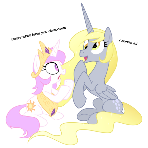 Size: 2000x2000 | Tagged: safe, artist:equestria-prevails, derpibooru import, derpy hooves, princess celestia, alicorn, pony, unicorn, clothes, derpicorn, dialogue, duo, epic derpy, female, filly, foal, high res, i dunno lol, i just don't know what went wrong, loose fitting clothes, mare, pink-mane celestia, race swap, role reversal, shrunklestia, simple background, this will end in tears, transparent background, unicorn celestia, wat, what have you done?!, xk-class end-of-the-world scenario