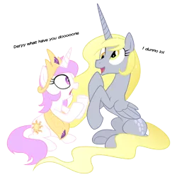 Size: 2000x2000 | Tagged: safe, artist:equestria-prevails, derpibooru import, derpy hooves, princess celestia, alicorn, pony, unicorn, clothes, derpicorn, dialogue, duo, epic derpy, female, filly, foal, high res, i dunno lol, i just don't know what went wrong, loose fitting clothes, mare, pink-mane celestia, race swap, role reversal, shrunklestia, simple background, this will end in tears, transparent background, unicorn celestia, wat, what have you done?!, xk-class end-of-the-world scenario