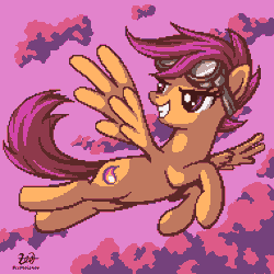 Size: 380x380 | Tagged: dead source, safe, artist:pix3m, derpibooru import, scootaloo, pegasus, pony, alternate cutie mark, cloud, female, flying, goggles, grin, mare, older, pixel art, signature, smiling, solo