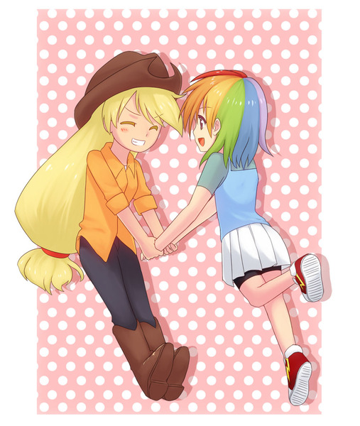 Size: 872x1032 | Tagged: safe, artist:mirakurunaito, derpibooru import, applejack, rainbow dash, appledash, applejack's hat, boots, converse, cowboy boots, cowboy hat, female, hat, humanized, lesbian, shipping, shoes