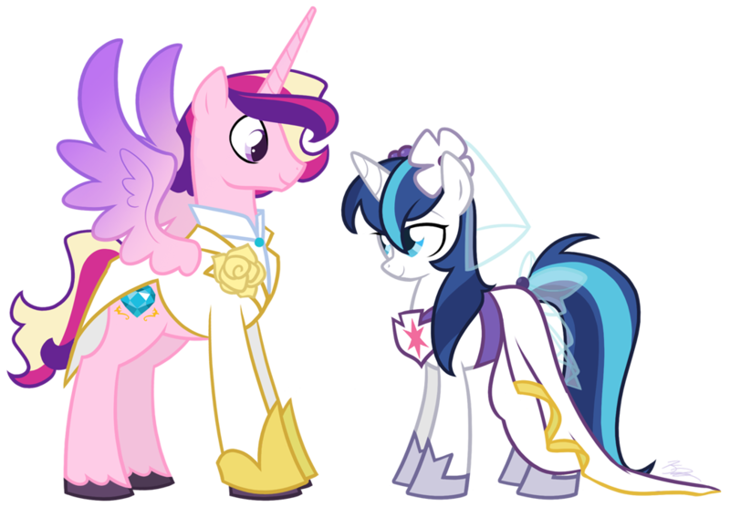 Size: 1044x725 | Tagged: artist:egophiliac, clothes, cute, cutedance, derpibooru import, dress, female, gleamibetes, gleaming bolero, gleaming shield, male, prince bolero, princess cadance, rule 63, rule63betes, safe, shining adorable, shining armor, shipping, simple background, straight, transparent background, wedding dress