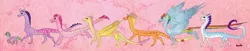 Size: 1280x262 | Tagged: applejack, artist:roachpatrol, derpibooru import, dragon, dragoness, dragonified, dragonjack, feathered dragon, female, flutterdragon, fluttershy, mane seven, mane six, pink background, pinkiedragon, pinkie pie, ponified, ponified spike, rainbow dash, rainbow dragon, raridragon, rarity, safe, simple background, species swap, spike, twilidragon, twilight sparkle, wing claws