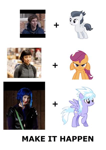 Size: 1364x1924 | Tagged: cloudchaser, derpibooru import, exploitable meme, make it happen, meta, rumble, safe, scootaloo, scott pilgrim