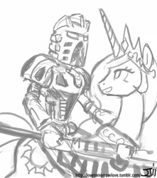 Size: 882x1000 | Tagged: artist:johnjoseco, bionicle, crossover, derpibooru import, grayscale, lego, monochrome, princess celestia, safe, takanuva, yes so much yes