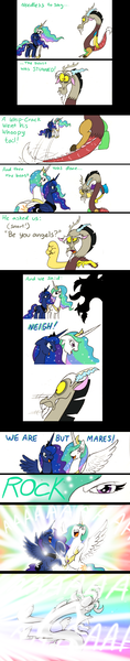 Size: 764x3900 | Tagged: safe, artist:mickeymonster, derpibooru import, discord, princess celestia, princess luna, alicorn, draconequus, pony, comic, dialogue, female, mare, metal, parody, photoshop, rock, song reference, statue discord, tenacious d, tribute