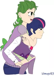 Size: 752x1063 | Tagged: artist:blamogirl, barb, barbabetes, cute, dead source, derpibooru import, duo, duo male and female, human, humanized, open mouth, rule 63, rule63betes, safe, signature, smiling, spike, twilight sparkle