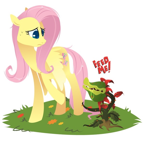 Size: 777x774 | Tagged: artist:kilo, audrey 2, crossover, derpibooru import, duo, fluttershy, little shop of horrors, plant, safe