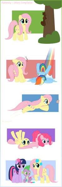 Size: 1000x3021 | Tagged: safe, artist:ctb-36, derpibooru import, fluttershy, pinkie pie, rainbow dash, spike, twilight sparkle, dragon, earth pony, pegasus, pony, squirrel, unicorn, catching, comic, crash, cute, egg, faceplant, falling, female, flower, flower in hair, hnnng, jumping, lying, mare, rainbow trail, shyabetes, sitting, tree, unicorn twilight