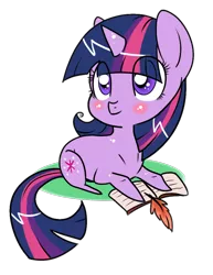 Size: 768x995 | Tagged: artist:rannarbananar, blushing, book, cute, derpibooru import, prone, quill, safe, simple background, smiling, solo, transparent background, twiabetes, twilight sparkle