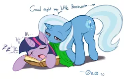 Size: 836x536 | Tagged: safe, artist:0r0ch1, derpibooru import, trixie, twilight sparkle, pony, unicorn, blanket, blushing, book, bookworm, colored pupils, cute, daaaaaaaaaaaw, diabetes, dialogue, diatrixes, drool, eyes closed, female, heart, hnnng, lesbian, lidded eyes, mare, mouth hold, open mouth, prone, shipping, simple background, sleeping, sweet dreams fuel, that pony sure does love books, twiabetes, twixie, white background, zzz