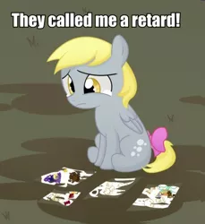 Size: 416x455 | Tagged: safe, artist:apple-cake, derpibooru import, edit, derpy hooves, pegasus, pony, bow, bronybait, bullying, cropped, crying, filly, image macro, sad, solo, tail bow, younger
