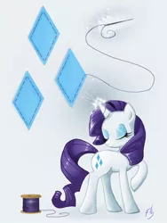 Size: 900x1200 | Tagged: safe, artist:pearlie-pie, derpibooru import, rarity, pony, unicorn, cutie mark, cutie mark background, eyes closed, female, g4, magic, mare, needle, simple background, solo, spool, thread, white background