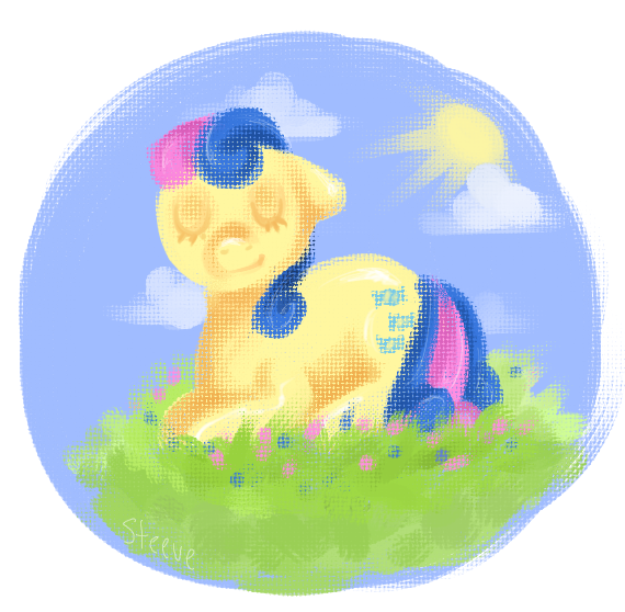 Size: 570x558 | Tagged: safe, artist:steeve, derpibooru import, bon bon, sweetie drops, earth pony, pony, adobe imageready, eyes closed, female, floppy ears, grass, mare, prone, simple background, solo, sun, transparent background
