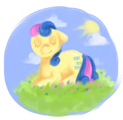 Size: 570x558 | Tagged: safe, artist:steeve, derpibooru import, bon bon, sweetie drops, earth pony, pony, adobe imageready, eyes closed, female, floppy ears, grass, mare, prone, simple background, solo, sun, transparent background