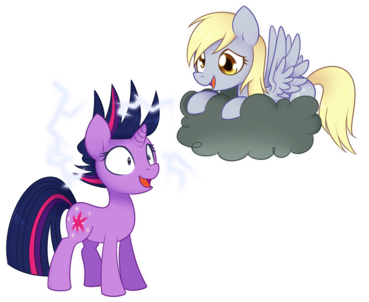 Size: 1100x900 | Tagged: safe, artist:solar-slash, derpibooru import, derpy hooves, twilight sparkle, pegasus, pony, alternate hairstyle, cloud, duo, electrified, female, lightning, mare, on a cloud, open mouth