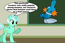 Size: 887x588 | Tagged: safe, derpibooru import, lyra heartstrings, mudkip, pony, chalkboard, human studies101 with lyra, meme, pokémon