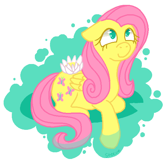 Size: 551x534 | Tagged: safe, artist:steeve, derpibooru import, fluttershy, pegasus, pony, abstract background, adobe imageready, female, floppy ears, flower, looking up, lotus (flower), mare, prone, simple background, solo, transparent background