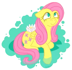 Size: 551x534 | Tagged: safe, artist:steeve, derpibooru import, fluttershy, pegasus, pony, abstract background, adobe imageready, female, floppy ears, flower, looking up, lotus (flower), mare, prone, simple background, solo, transparent background