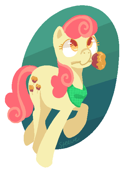 Size: 396x554 | Tagged: safe, artist:steeve, derpibooru import, apple bumpkin, earth pony, pony, abstract background, adobe imageready, apple family member, bandana, caramel apple (food), female, mare, mouth hold, simple background, solo, transparent background