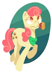 Size: 396x554 | Tagged: safe, artist:steeve, derpibooru import, apple bumpkin, earth pony, pony, abstract background, adobe imageready, apple family member, bandana, caramel apple (food), female, mare, mouth hold, simple background, solo, transparent background