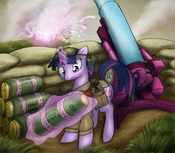 Size: 1368x1200 | Tagged: safe, artist:conicer, derpibooru import, twilight sparkle, pony, artillery, cannon, clothes, female, frown, g4, glowing horn, gun, hat, horn, magic, mare, partillery, party cannon, solo, telekinesis, uniform, war, world war i
