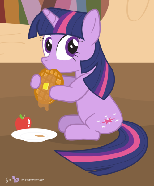 Size: 820x988 | Tagged: safe, artist:dm29, derpibooru import, twilight sparkle, pony, unicorn, apple, cute, eating, female, food, looking at you, solo, unicorn twilight, waffle