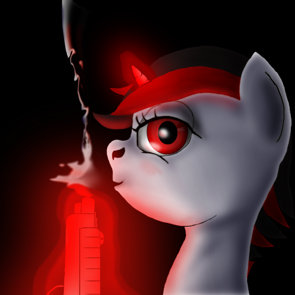 Size: 1500x1500 | Tagged: safe, artist:aaronmk, derpibooru import, oc, oc:blackjack, unofficial characters only, pony, unicorn, fallout equestria, fallout equestria: project horizons, fanfic, bust, fanfic art, female, glowing horn, gun, hooves, horn, levitation, magic, mare, portrait, smoke, solo, telekinesis, weapon