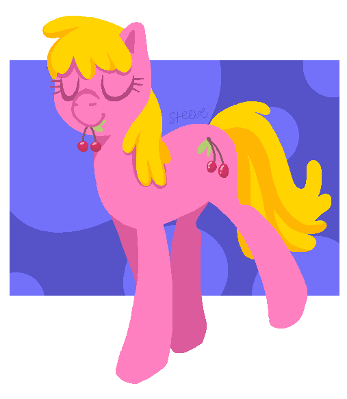 Size: 507x583 | Tagged: safe, artist:steeve, derpibooru import, cherry berry, earth pony, pony, abstract background, adobe imageready, cherry, eyes closed, female, mare, mouth hold, simple background, solo, transparent background