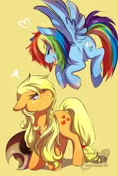 Size: 1207x1800 | Tagged: safe, artist:tartii, derpibooru import, applejack, rainbow dash, earth pony, pegasus, pony, alternate hairstyle, appledash, eyes closed, female, hat, heart, loose hair, mare, mouth hold, shipping