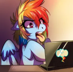 Size: 962x947 | Tagged: safe, artist:tartii, derpibooru import, rainbow dash, pegasus, pony, computer, disgusted, laptop computer, open mouth, solo, tongue out