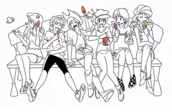 Size: 700x455 | Tagged: applejack, artist:gomigomipomi, bench, derpibooru import, fluttershy, food, humanized, ice cream, lineart, monochrome, pinkie pie, popsicle, rainbow dash, rarity, safe, twilight sparkle