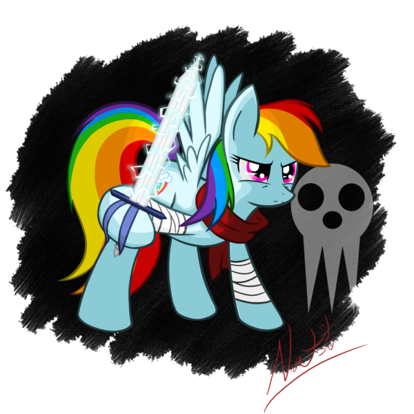 Size: 1600x1600 | Tagged: safe, artist:natsu714, derpibooru import, rainbow dash, pegasus, pony, bandage, cosplay, solo, soul eater, sword, weapon