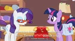 Size: 858x474 | Tagged: bag, clothes, derpibooru import, dress, glasses, missile, nuclear weapon, rarity, rarity's glasses, saddle bag, safe, screencap, suited for success, too poofy, twilight sparkle, weapon, youtube caption