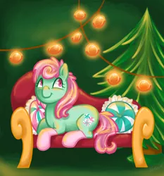 Size: 720x772 | Tagged: safe, artist:steeve, derpibooru import, minty, earth pony, pony, christmas, clothes, couch, female, g3, g3 to g4, g3betes, generation leap, holiday, mare, mintabetes, prone, socks, solo, tree