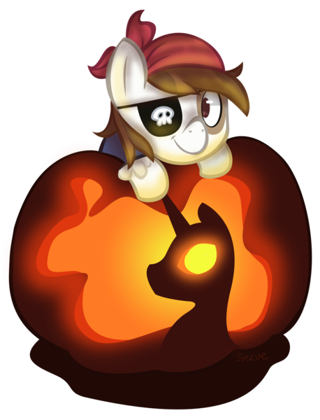 Size: 1104x1446 | Tagged: safe, artist:steeve, derpibooru import, nightmare moon, pipsqueak, earth pony, pony, adobe imageready, colt, halloween, holiday, jack-o-lantern, male, nightmare night, pirate, pumpkin, simple background, transparent background