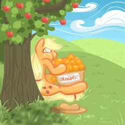 Size: 800x800 | Tagged: safe, artist:steeve, derpibooru import, applejack, earth pony, pony, apple, caught, cloud, dishonorapple, female, fruit heresy, mare, no one must know, orange, sitting, solo, tree