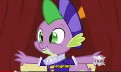 Size: 772x460 | Tagged: derpibooru import, hearth's warming eve, hearth's warming eve (episode), meme, pregnant, safe, screencap, solo, spike, youtube caption