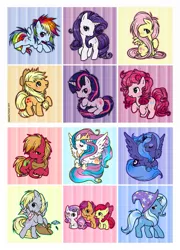 Size: 911x1266 | Tagged: safe, artist:ponymonster, derpibooru import, apple bloom, applejack, big macintosh, derpy hooves, fluttershy, pinkie pie, princess celestia, princess luna, rainbow dash, rarity, scootaloo, sweetie belle, trixie, twilight sparkle, alicorn, earth pony, pegasus, pony, unicorn, blank flank, cutie mark crusaders, female, filly, hoof shoes, male, mane six, mare, postcard, s1 luna, simple background, stallion, unicorn twilight, white background