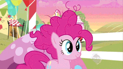 Size: 650x366 | Tagged: animated, bed hair, bed mane, bipedal, cropped, derpibooru import, flailing, hub logo, messy mane, morning ponies, pinkie pie, safe, screencap, solo, the super speedy cider squeezy 6000